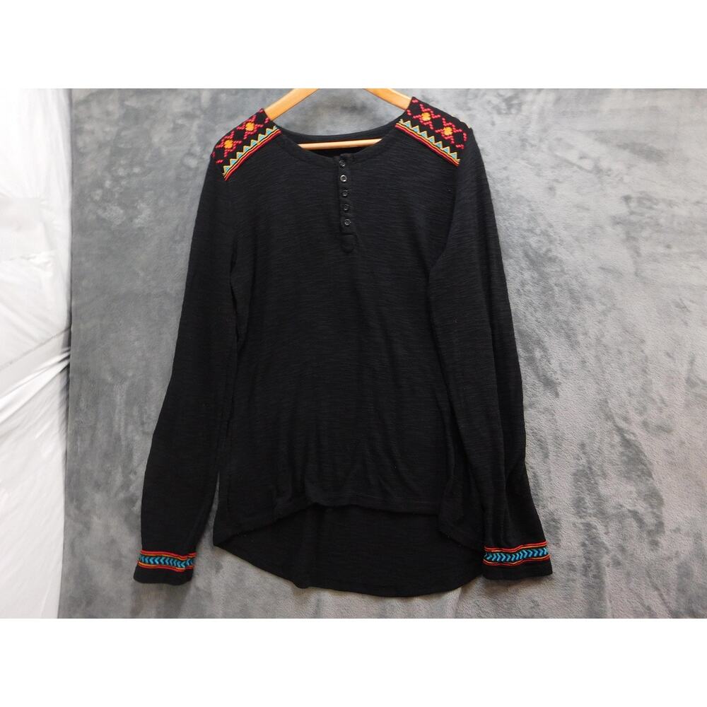 Outback Trading Company Shirt Womens L Black Henley Long Sleeve Embroidered